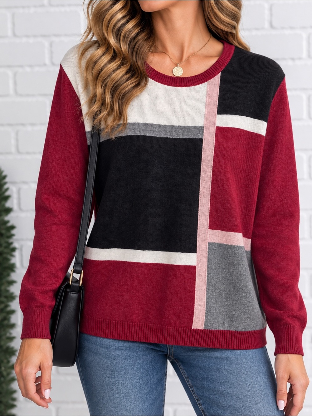 Vintage Alfred Dunner Colorblock Acrylic Sweater M Made USA 90s Geometric